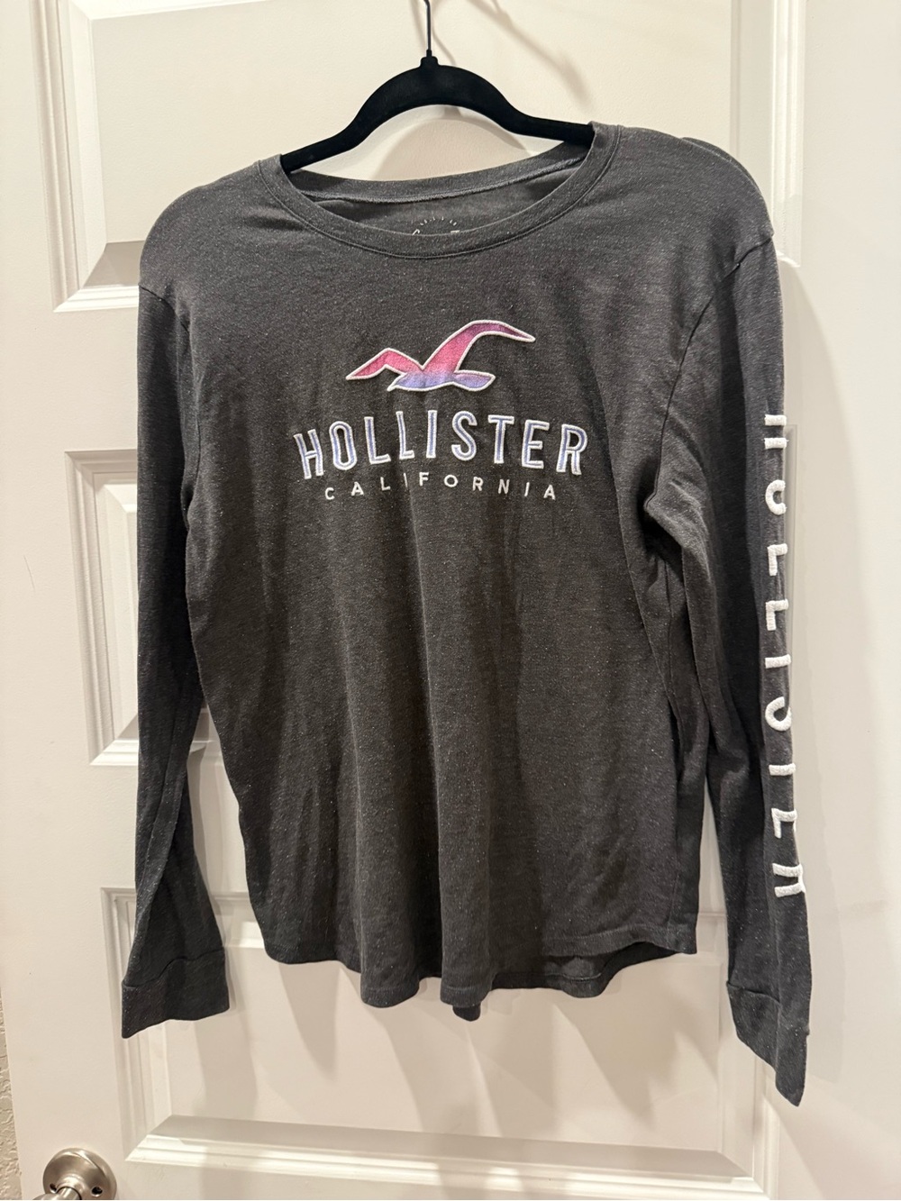 Hollister Charcoal Long-Sleeve Tee with Pink Logo